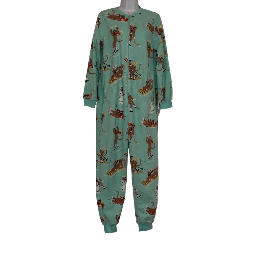 NWT Nick & Nora Pajamas Womens M Monkey Soft Fleece Unionsuit One Piece Green